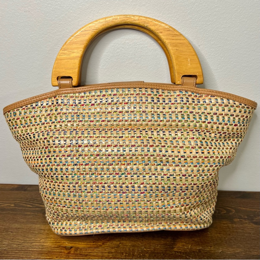 Vintage Fossil Woven Colorful Rainbow Straw Wood Handles Boho Handbag Purse Tan